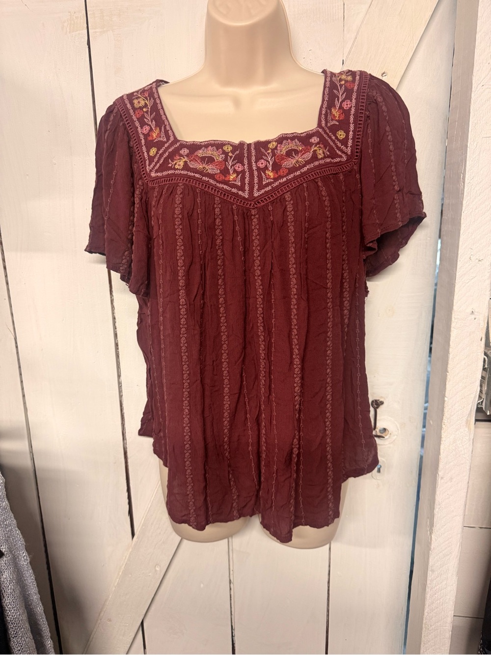 Embroidered Scoop Neck Peasant Top - Burgundy